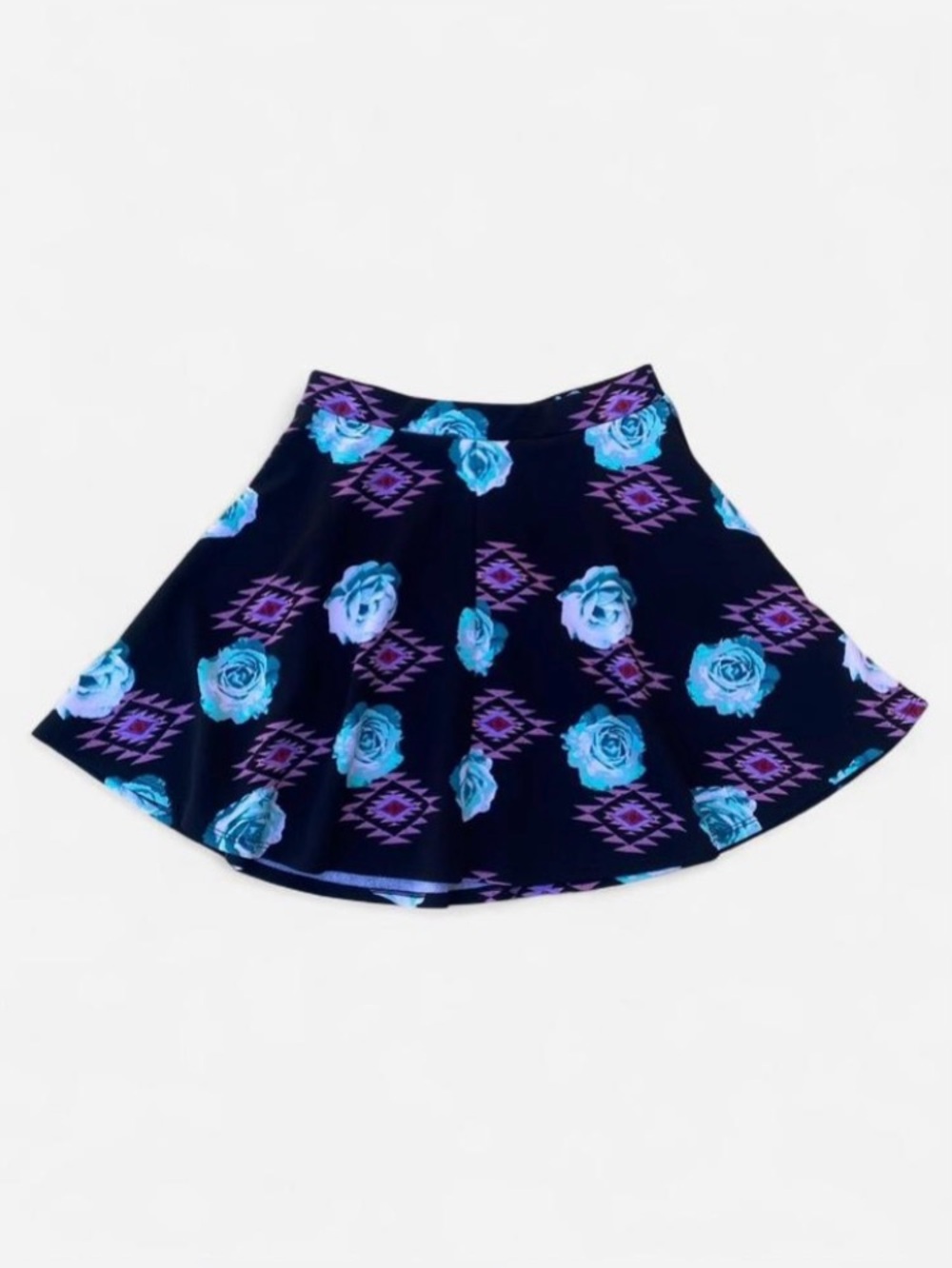 NWT Tumblr Grunge Empyre Black Skater Skirt with Pastel Roses & Geometric Shapes
